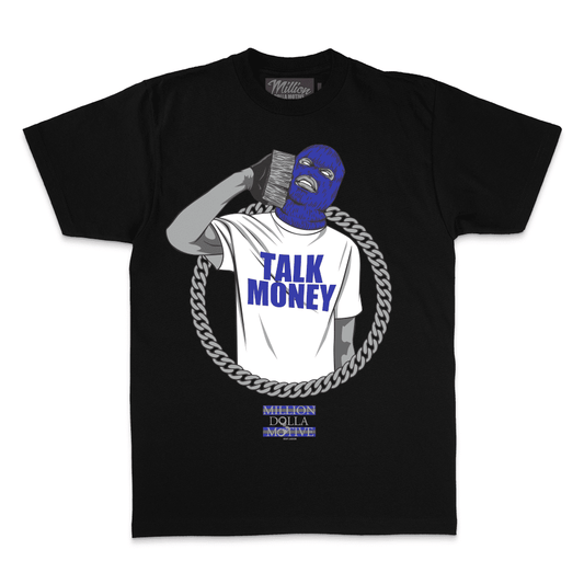 Talk Money Phone - Royal Blue on Black T-Shirt